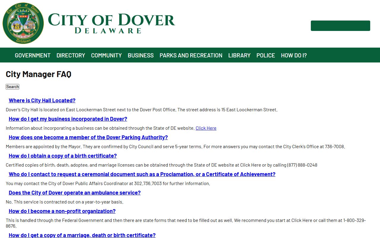 City of Dover Birth Records FAQ page