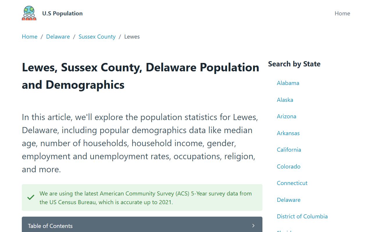 Lewes Delaware population demographics page for Birth Records context