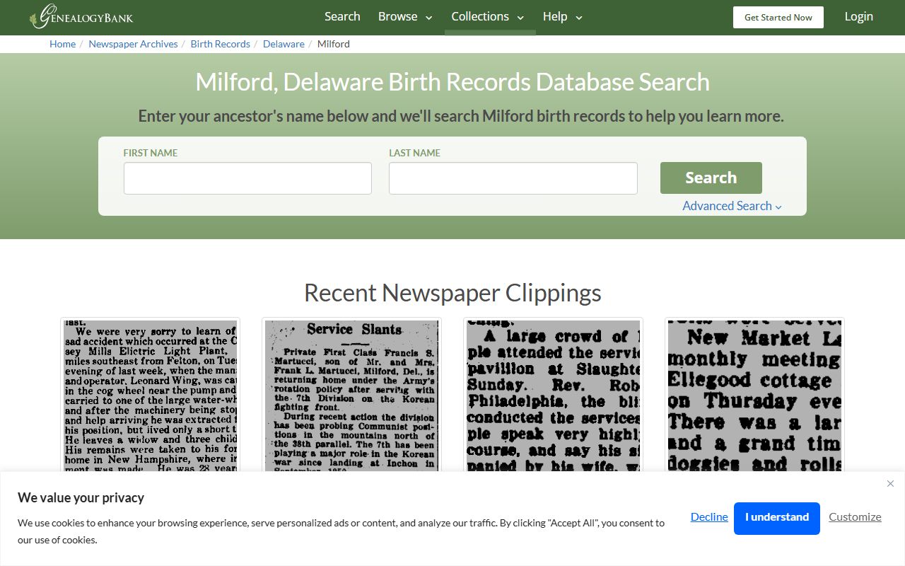 Milford Delaware genealogy source for Birth Records