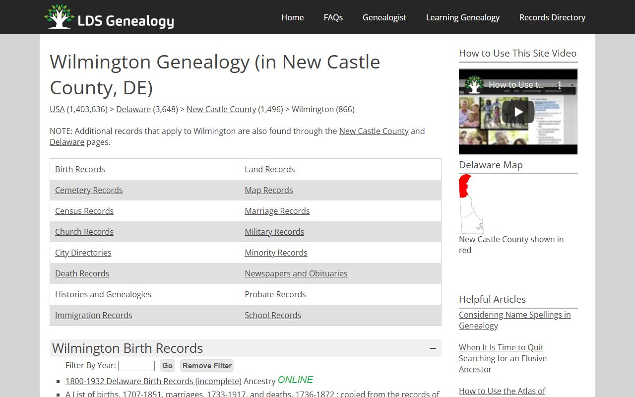Wilmington Birth Records genealogy resources page