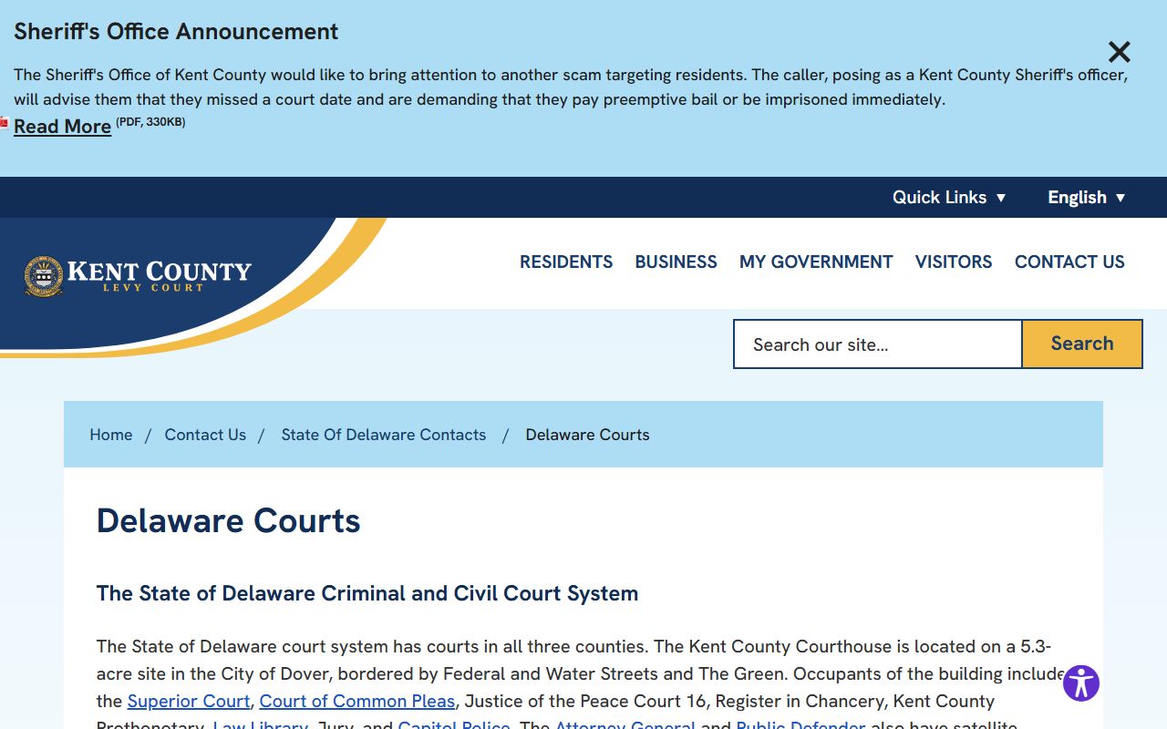 Kent County Delaware Courts contact page for Kent County Birth Records