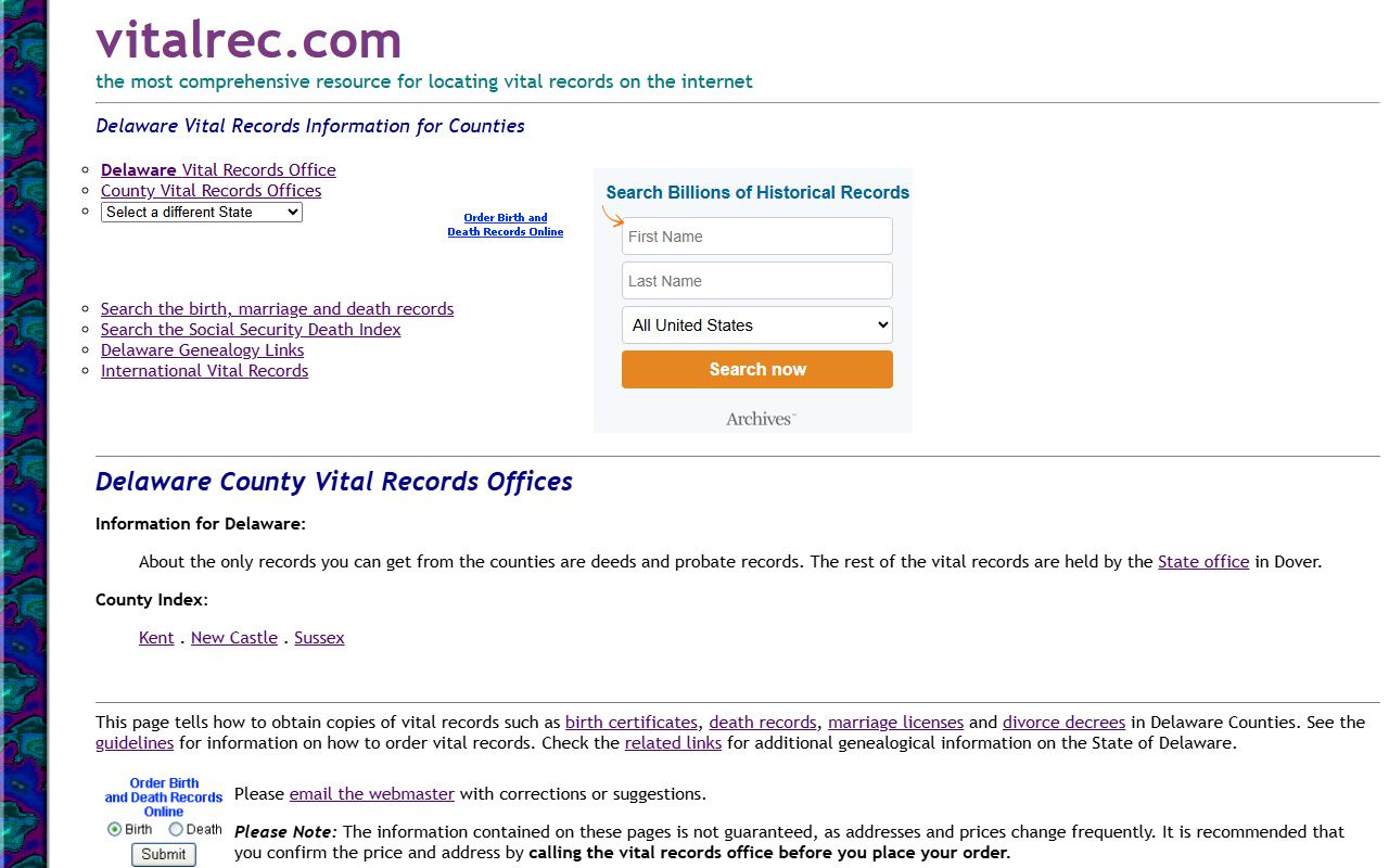 Kent County vital records listing for Kent County Birth Records