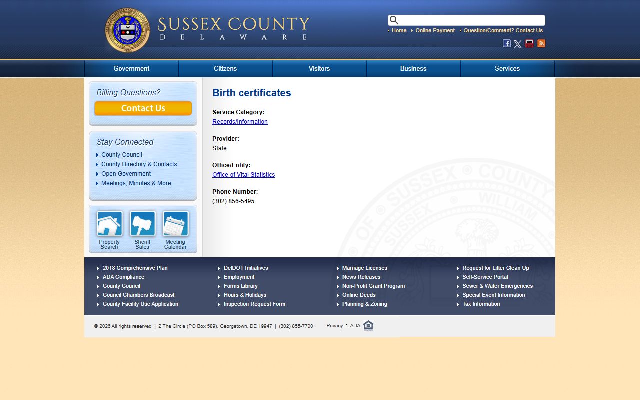 Sussex County government birth certificates page for Sussex County Birth Records