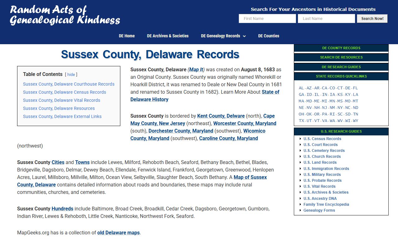 Sussex County genealogy resources page for Sussex County Birth Records