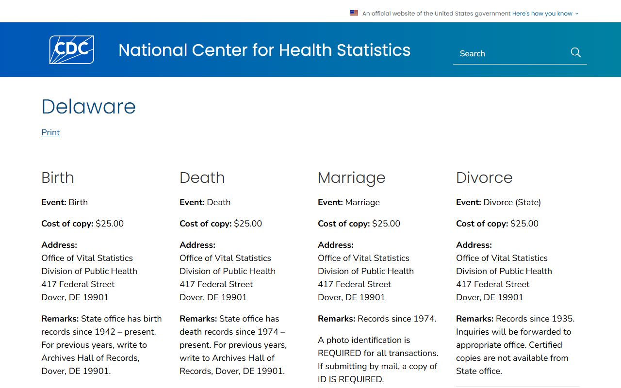 CDC guide for Delaware birth records requests