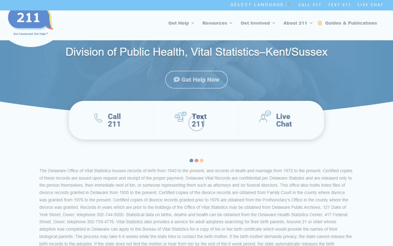Delaware 211 page for Delaware birth records services