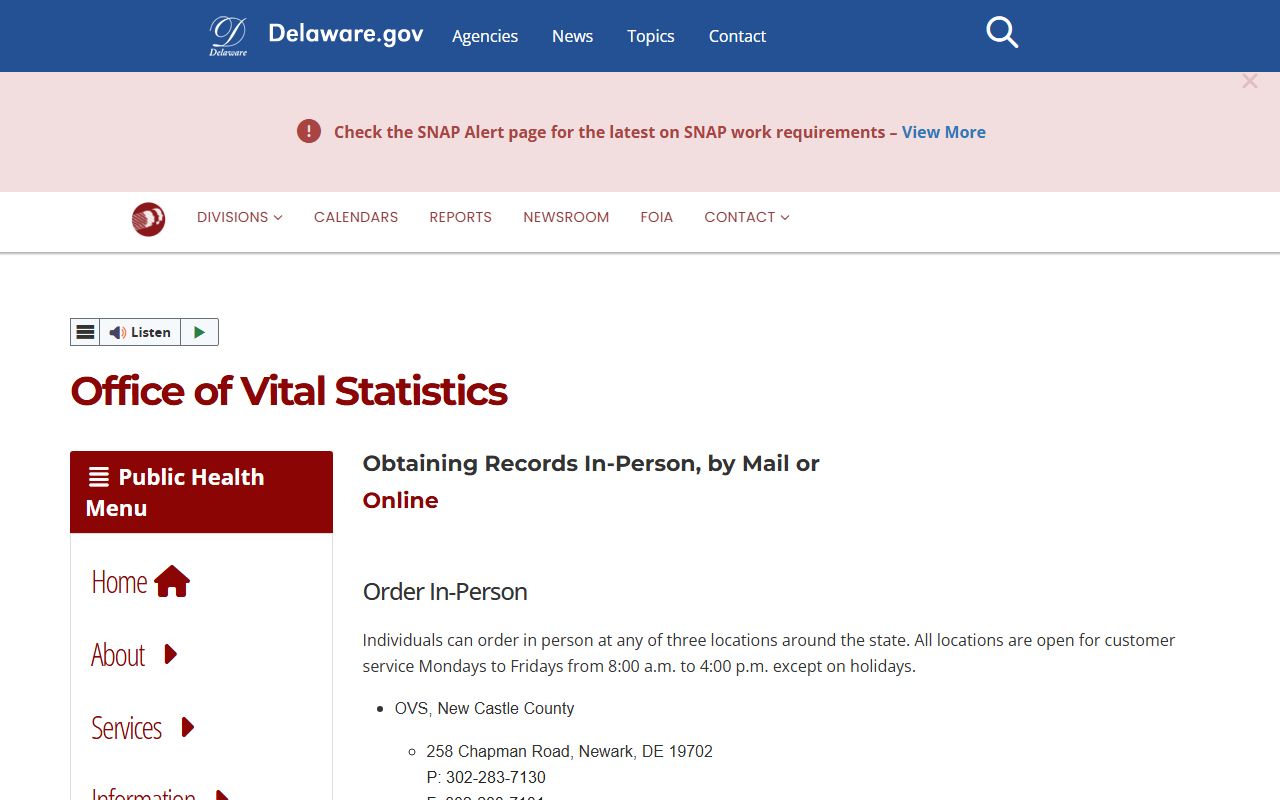 Delaware Office of Vital Statistics website for Delaware birth records