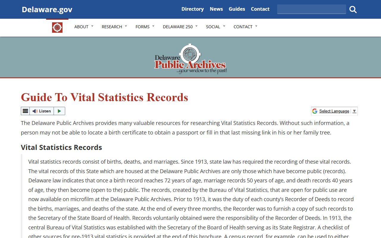 Delaware Public Archives guide to historical Delaware birth records