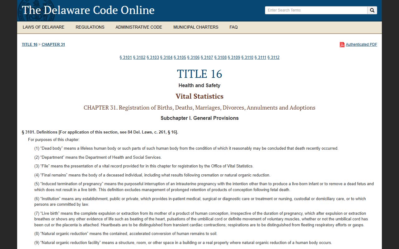 Delaware statutes Title 16 Chapter 31 covering Delaware birth records