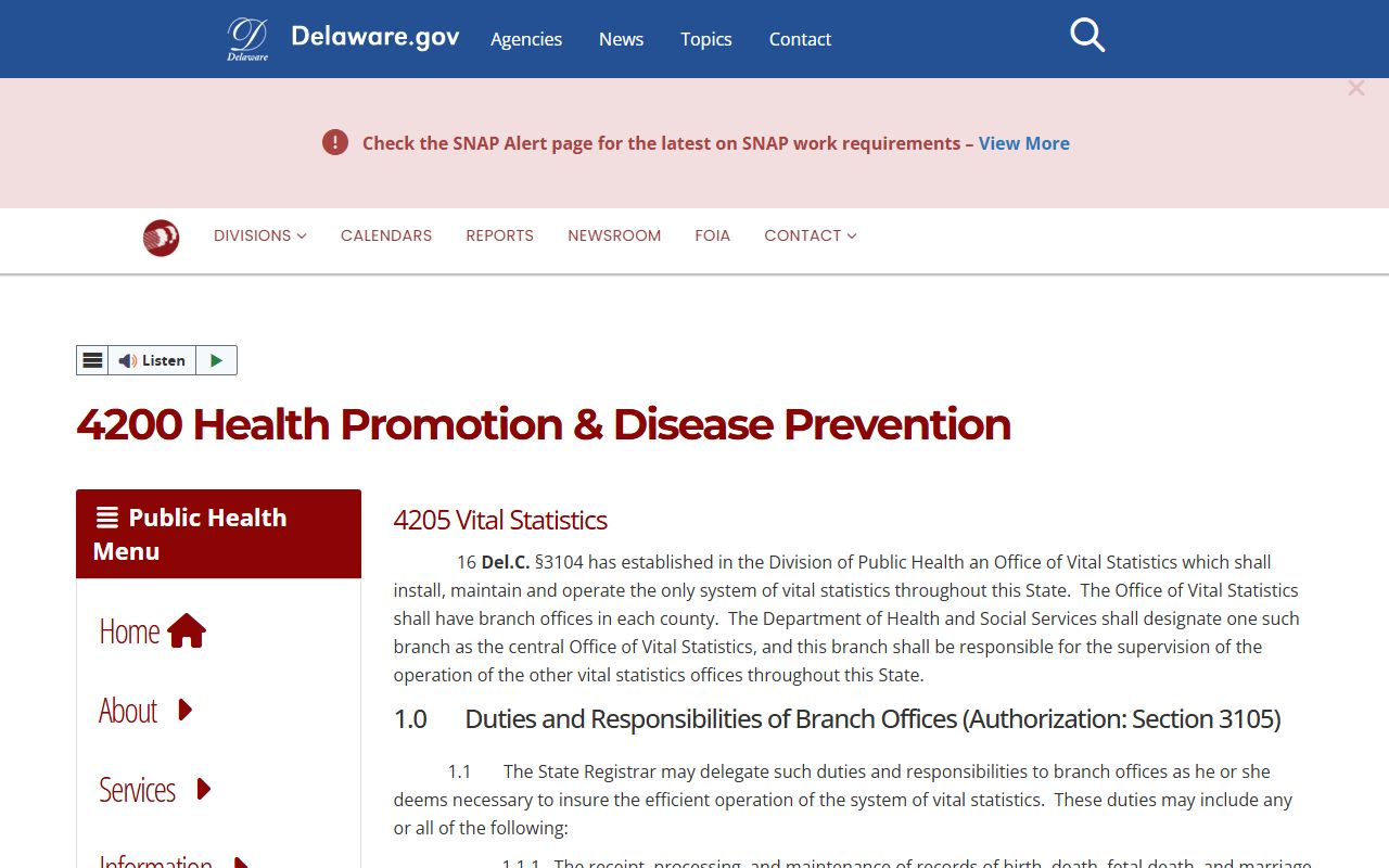 Delaware Vital Statistics Regulations governing Delaware birth records