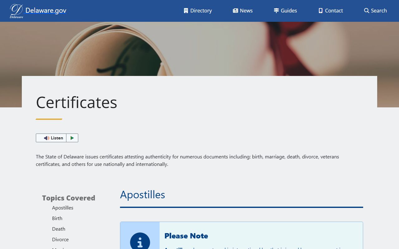Delaware.gov certificates guide for Delaware birth records