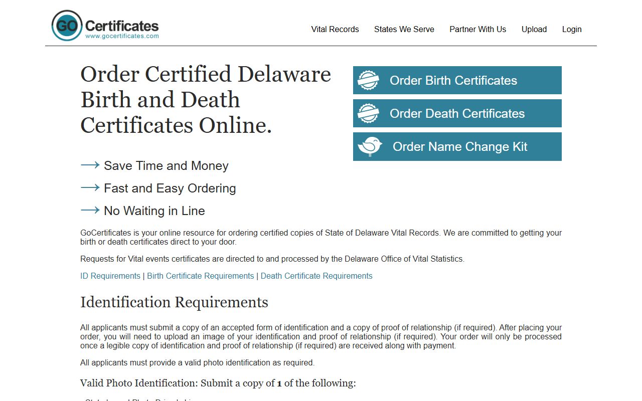 GoCertificates online ordering for Delaware birth records